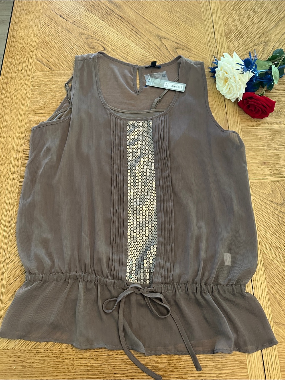 Apt. 9 Taupe Sleeveless Sequin-Trim Peplum Top